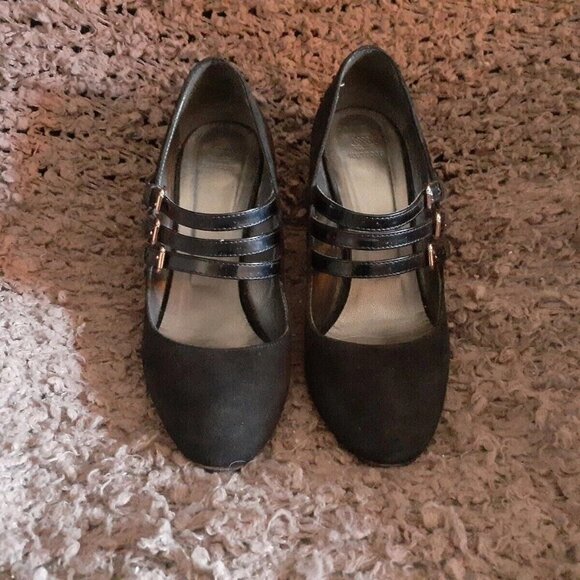 NAVYBOOT-Italy-Black Suede/Leather 3 Strap Mary Jane Pumps-Sz 36-Near Mint - Picture 3 of 8